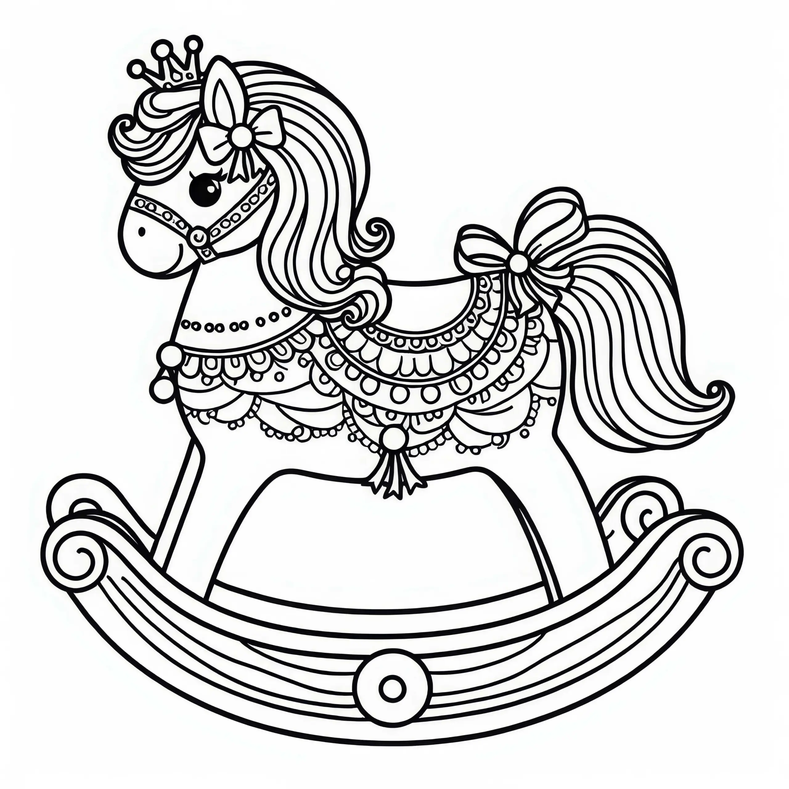 Prinzessinnen-Schaukelpferd mit Schleifen – kostenlose Malvorlage (Ausmalbild)