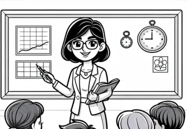 Professorin leitet Gruppenarbeit bei Seminar – Ausmalbild kostenlos