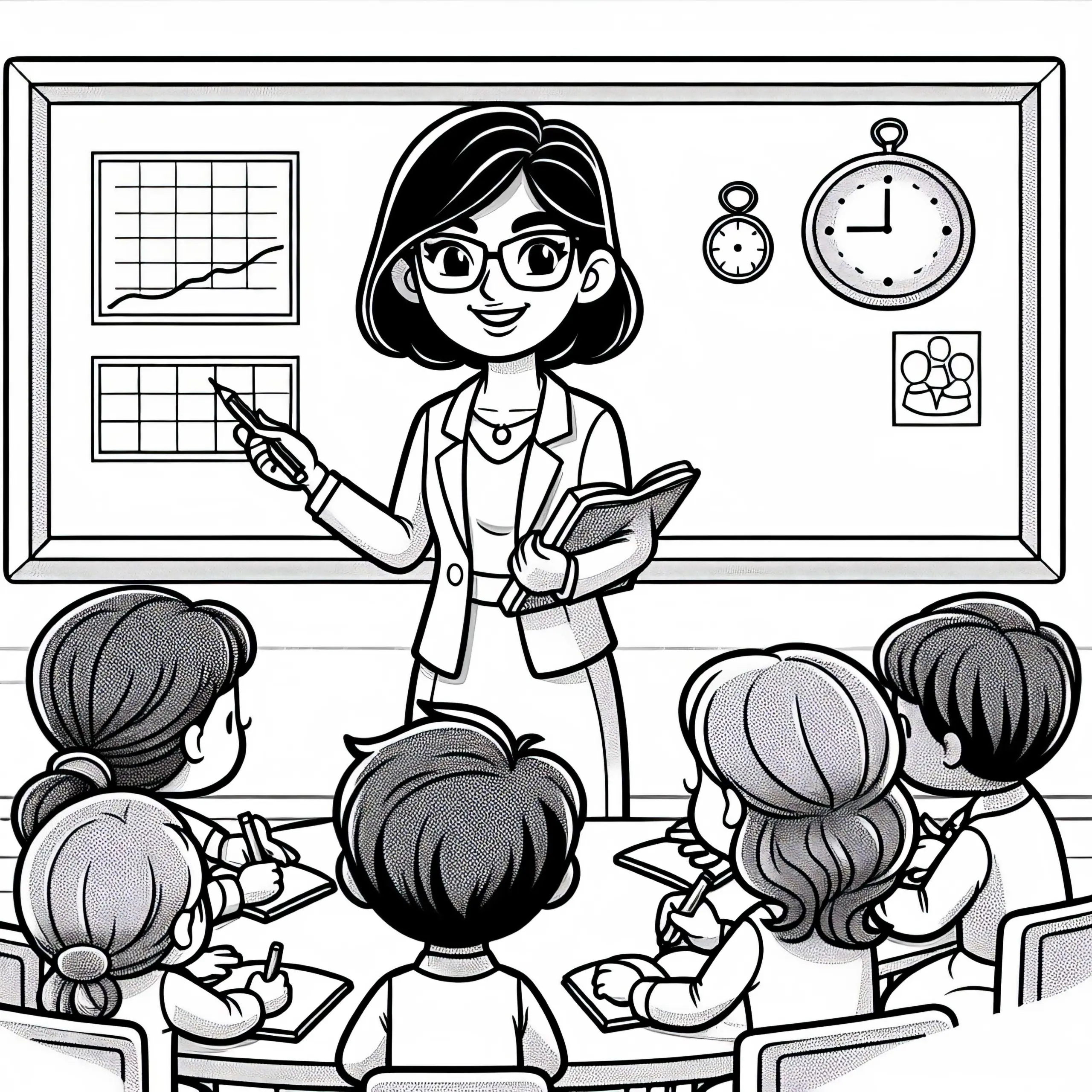 Professorin leitet Gruppenarbeit bei Seminar – Ausmalbild kostenlos