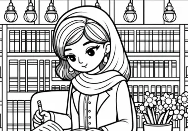 Professorin liest Buch in Universitätsbibliothek – Malvorlage gratis
