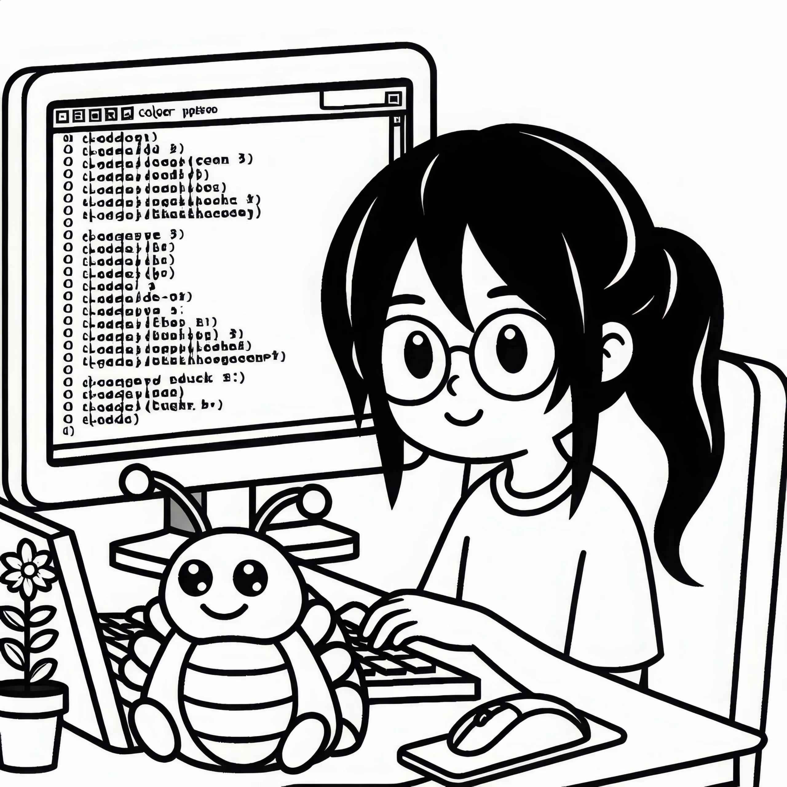 Programmiererin debuggt ein Programm – Ausmalbild gratis