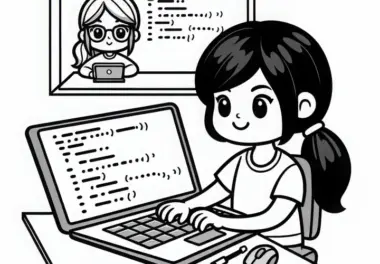 Programmiererin schreibt Code auf Laptop – Ausmalbild kostenlos