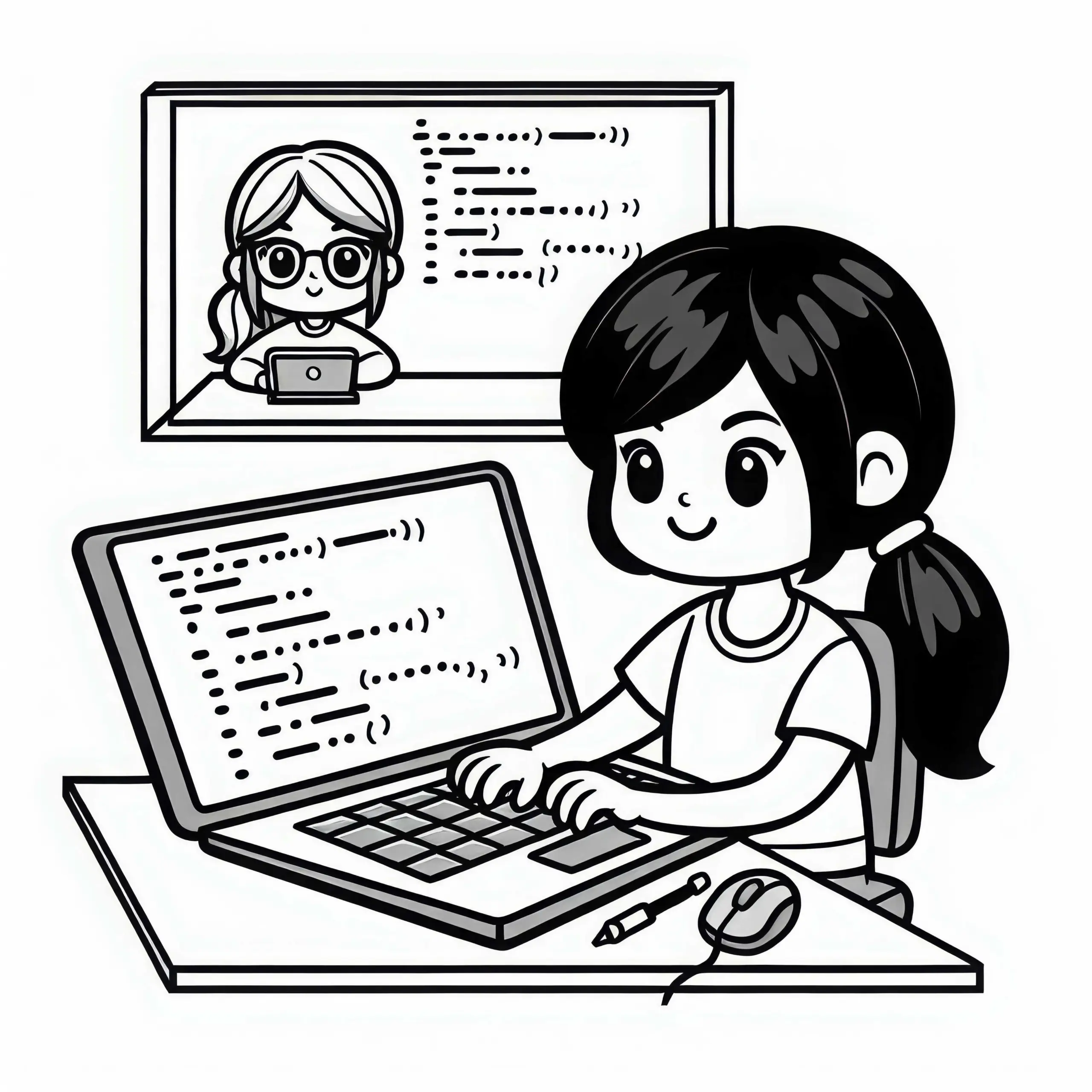 Programmiererin schreibt Code auf Laptop – Ausmalbild kostenlos