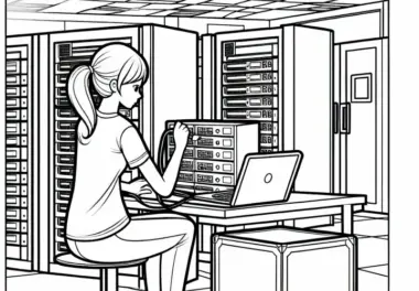 Programmiererin setzt Server im Technikraum auf – Malvorlage gratis