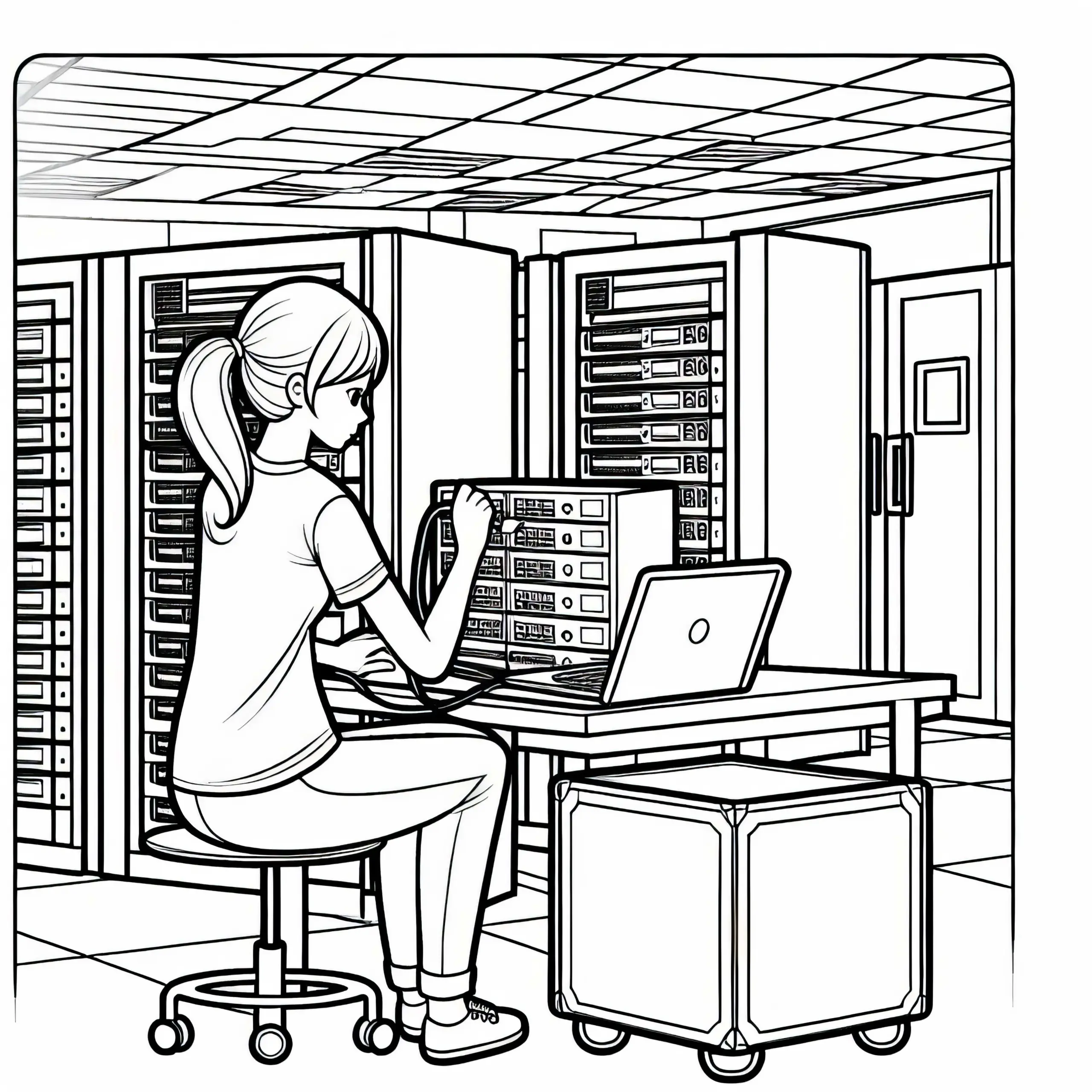 Programmiererin setzt Server im Technikraum auf – Malvorlage gratis (Ausmalbild)