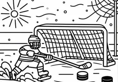 Puck gleitet über das Eis in Richtung Eishockey-Tor – Malvorlage kostenlos