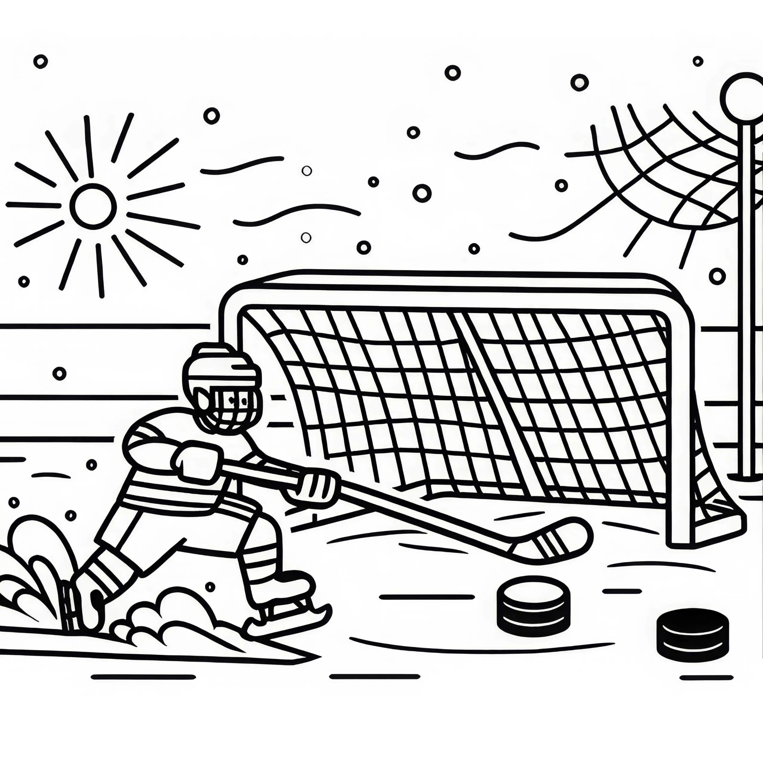 Puck gleitet über das Eis in Richtung Eishockey-Tor – Malvorlage kostenlos (Ausmalbild)