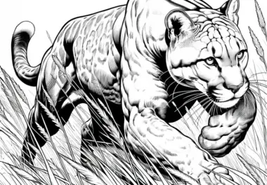Puma jagt durch das hohe Gras – Ausmalbild kostenlos und detailreich