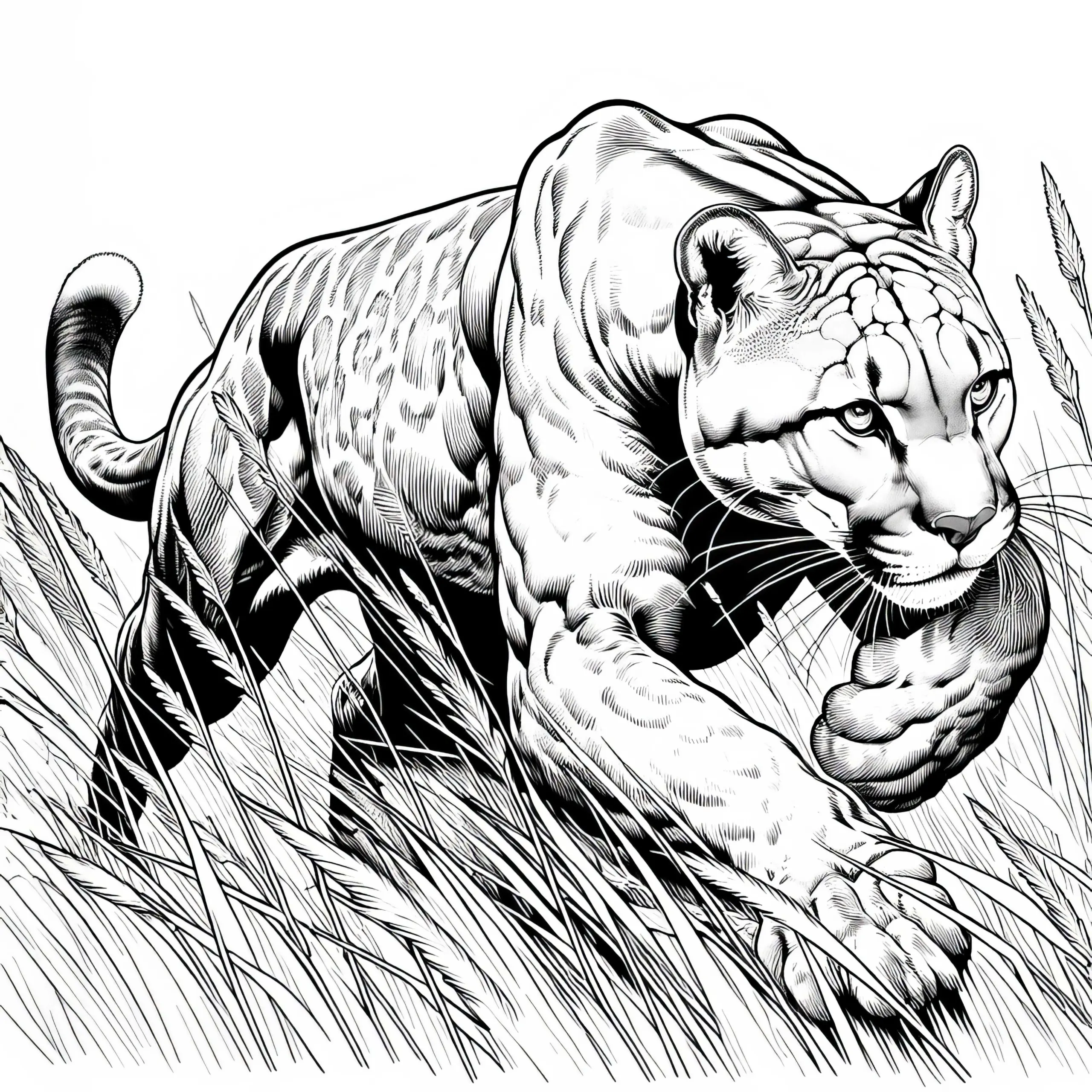Puma jagt durch das hohe Gras – Ausmalbild kostenlos und detailreich