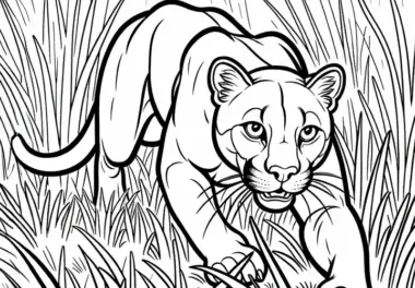Puma jagt durch das hohe Gras – Ausmalbild einfach kostenlos