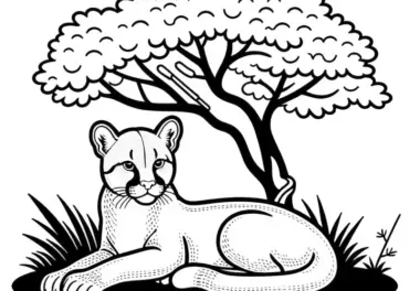 Puma ruht sich im Schatten eines Baumes aus – Malvorlage einfach kostenlos