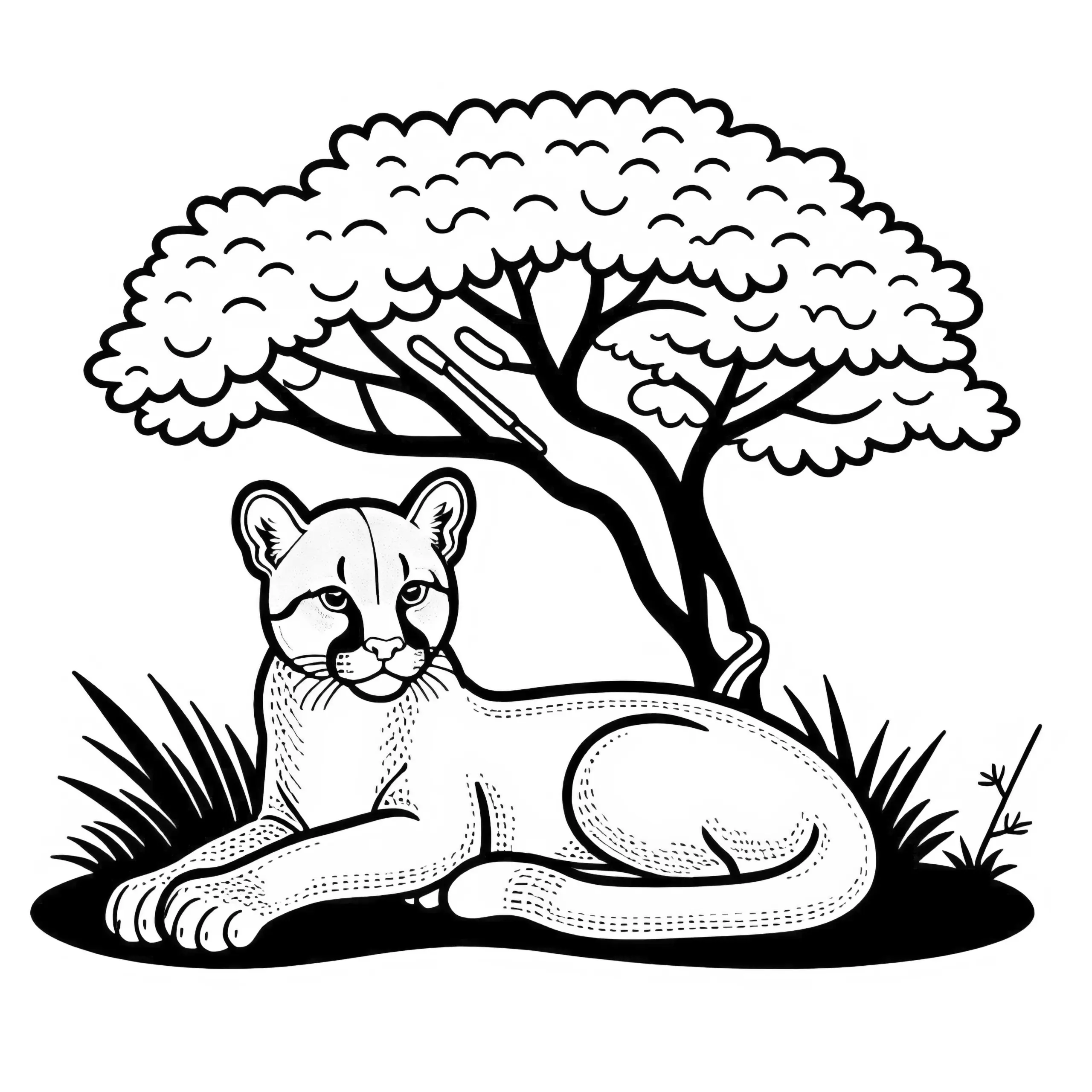 Puma ruht sich im Schatten eines Baumes aus – Malvorlage einfach kostenlos (Ausmalbild)