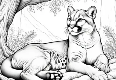 Puma ruht sich im Schatten eines Baumes aus – Ausmalbild gratis