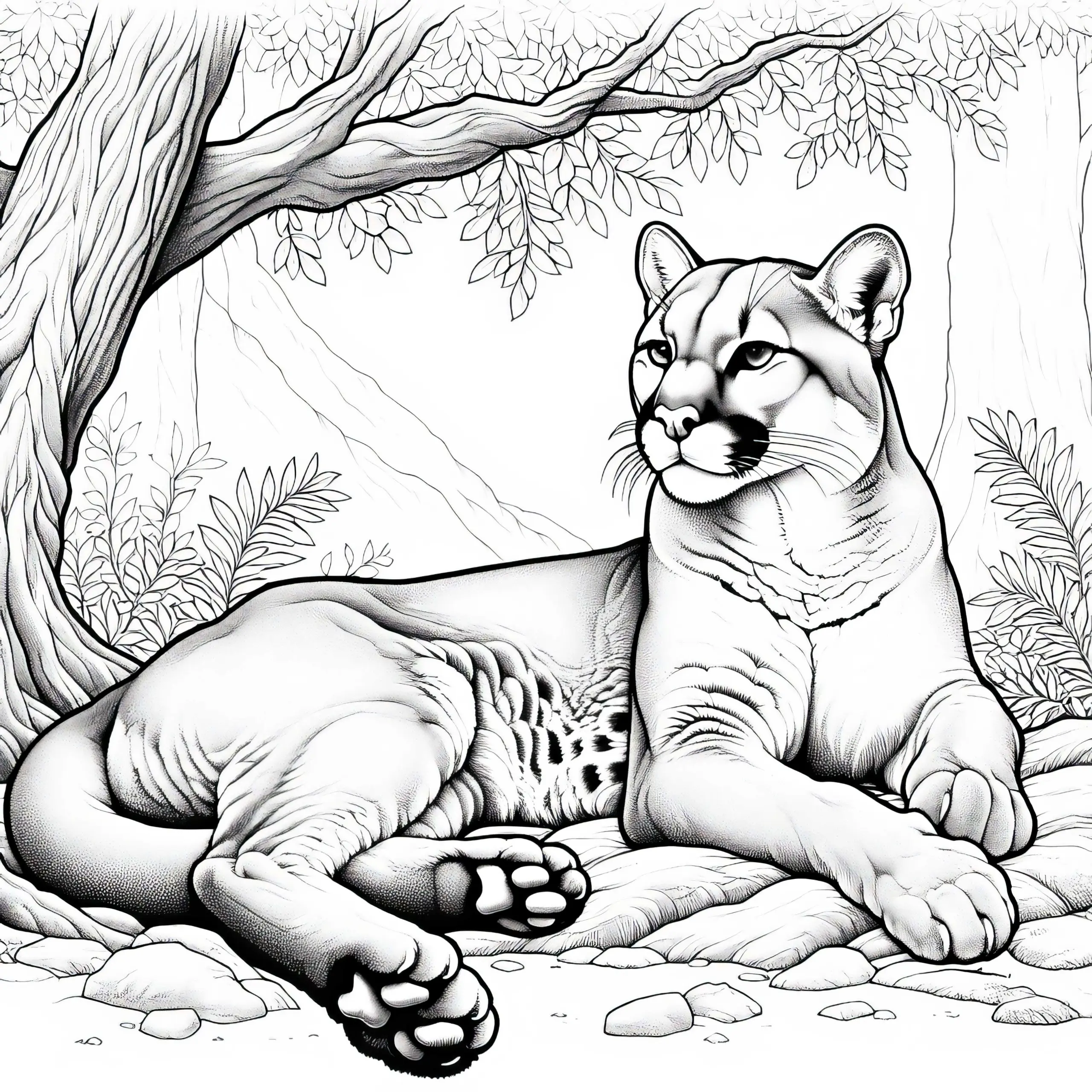 Puma ruht sich im Schatten eines Baumes aus – Ausmalbild gratis