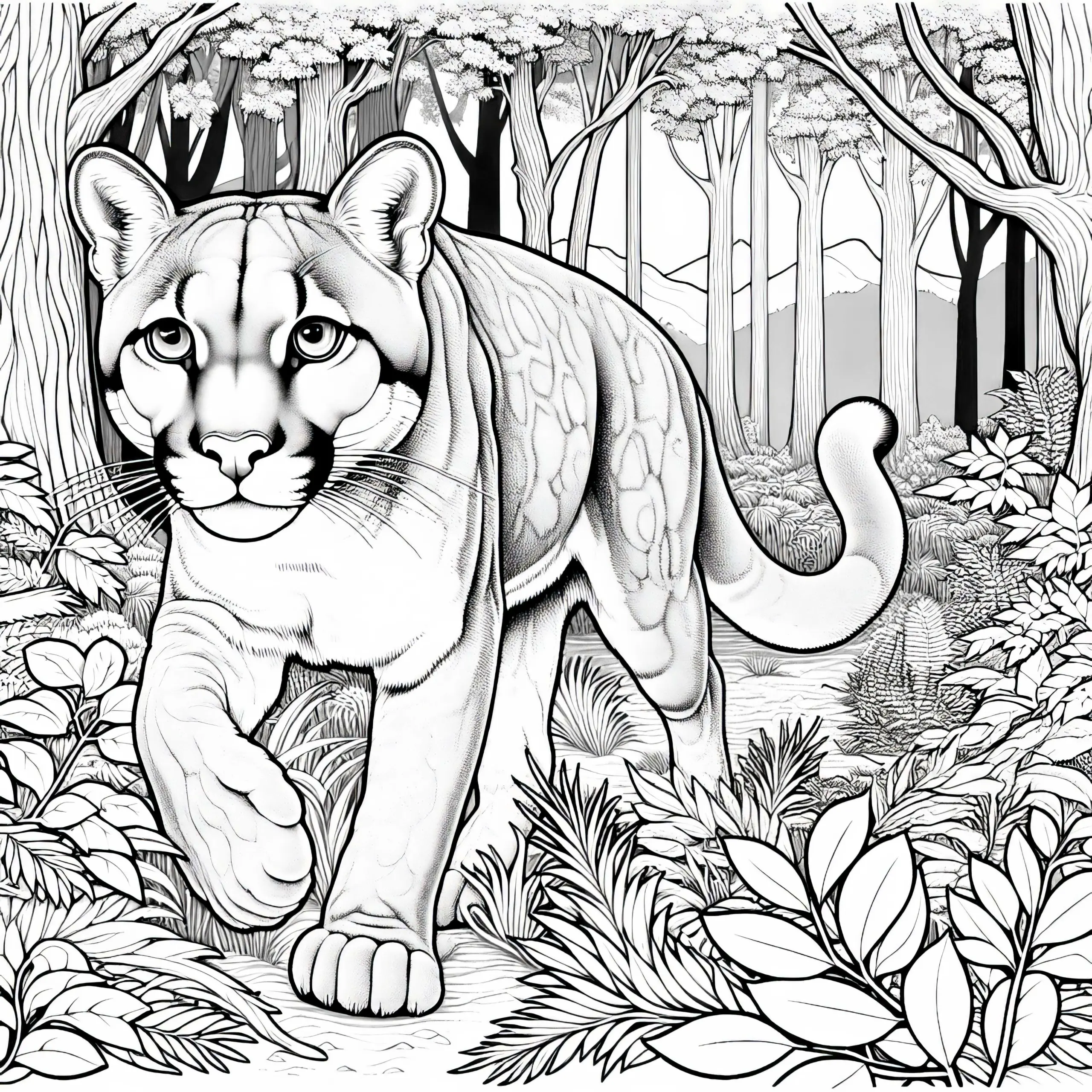 Puma schleicht lautlos durch dichten Wald – Ausmalbild kostenlos