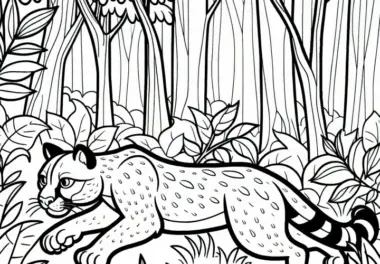 Puma schleicht lautlos durch dichten Wald – Malvorlage einfach gratis