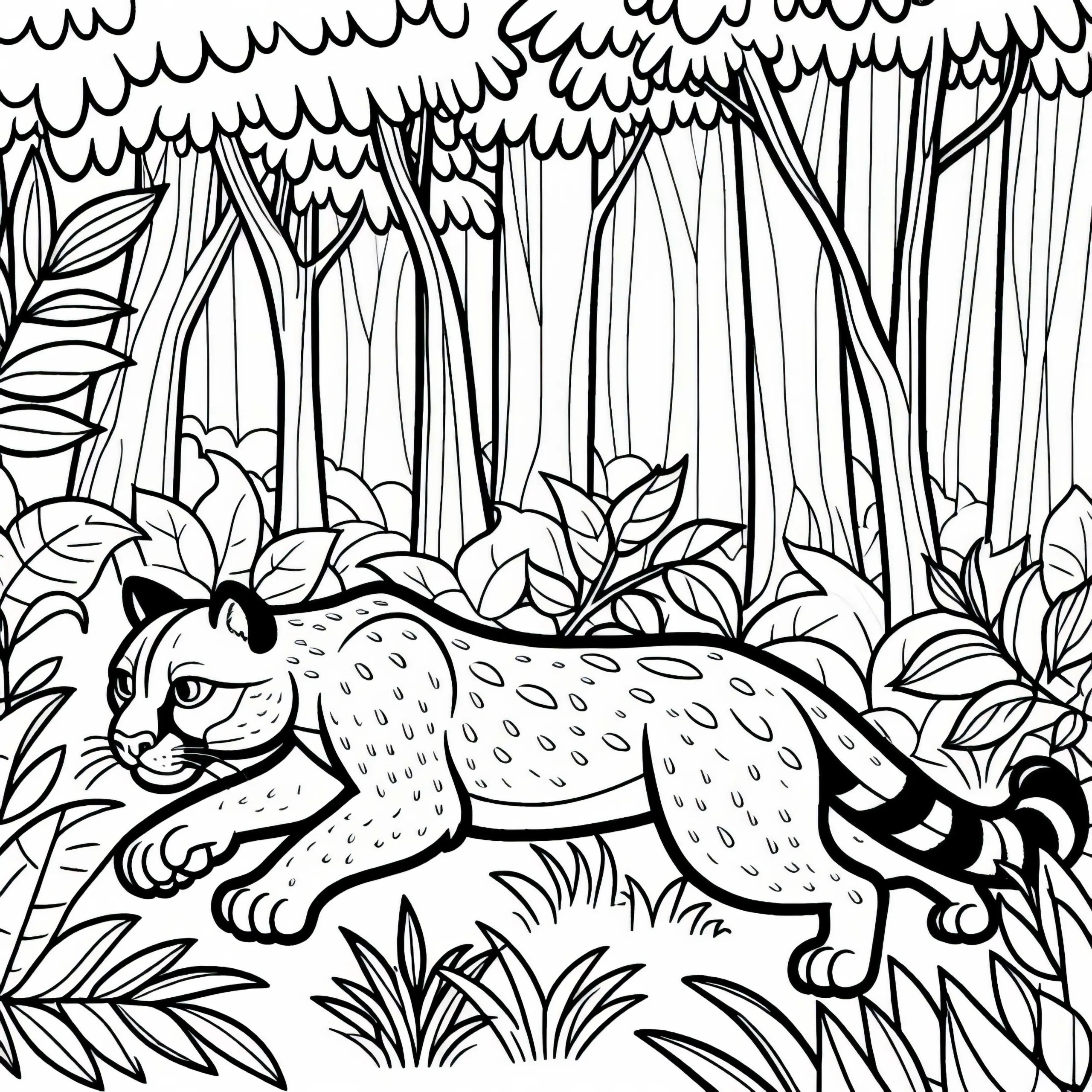 Puma schleicht lautlos durch dichten Wald – Malvorlage einfach gratis (Ausmalbild)