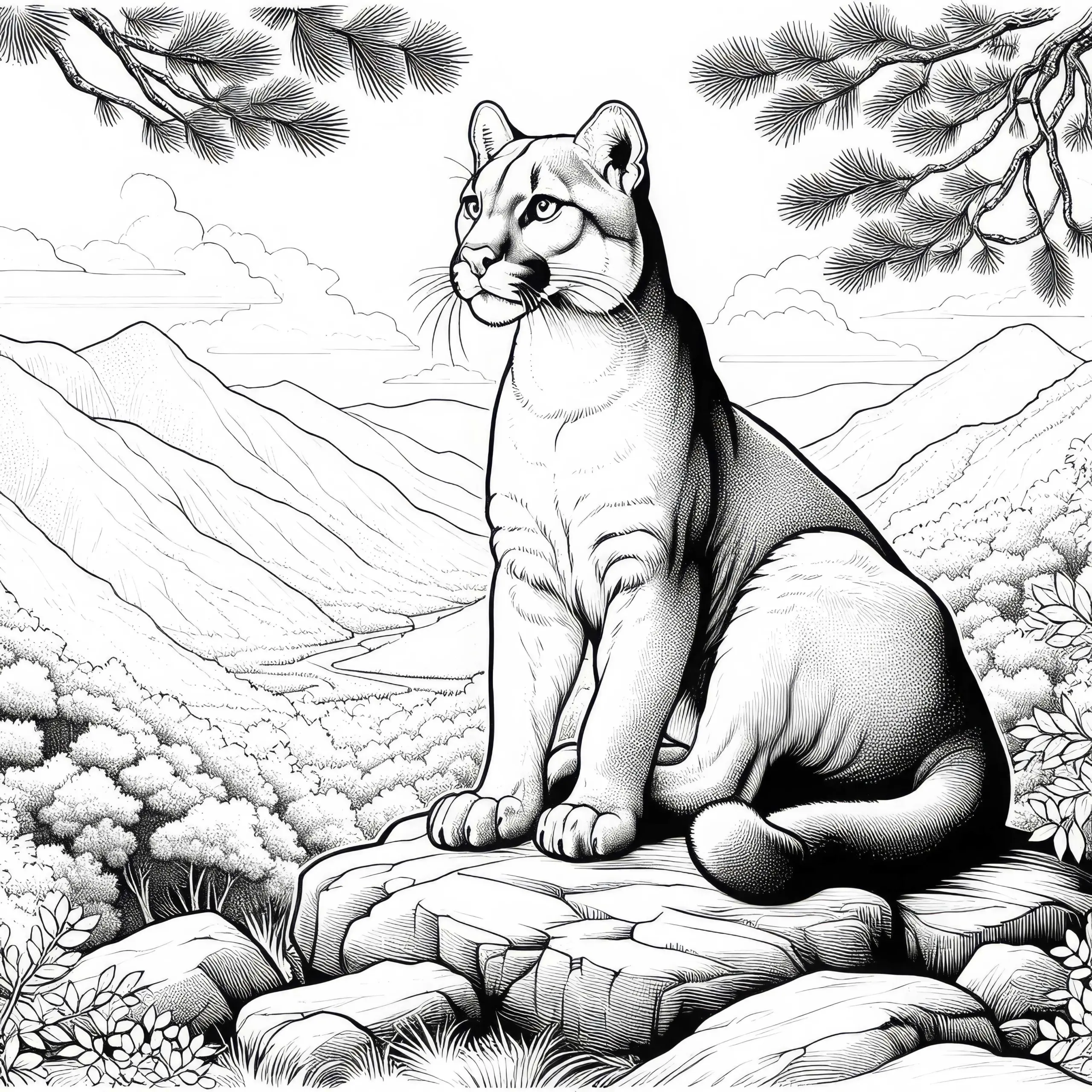 Puma sitzt auf Felsen und blickt majestätisch ins Tal – Malvorlage gratis (Ausmalbild)