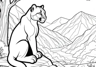 Puma sitzt auf Felsen und blickt majestätisch ins Tal – Ausmalbild einfach kostenlos
