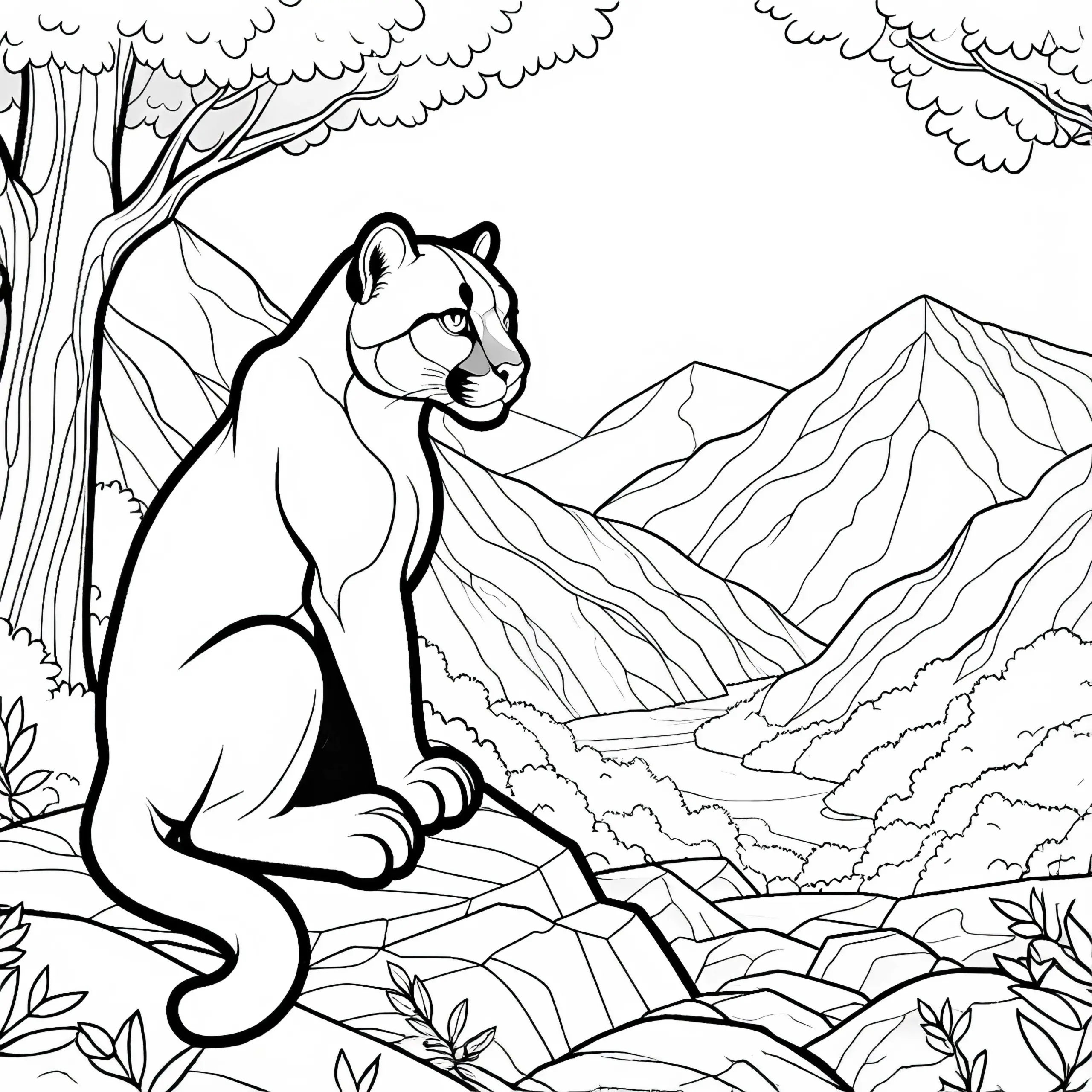 Puma sitzt auf Felsen und blickt majestätisch ins Tal – Ausmalbild einfach kostenlos