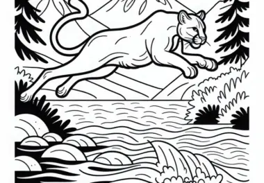 Puma springt kraftvoll über Fluss – Malvorlage einfach gratis