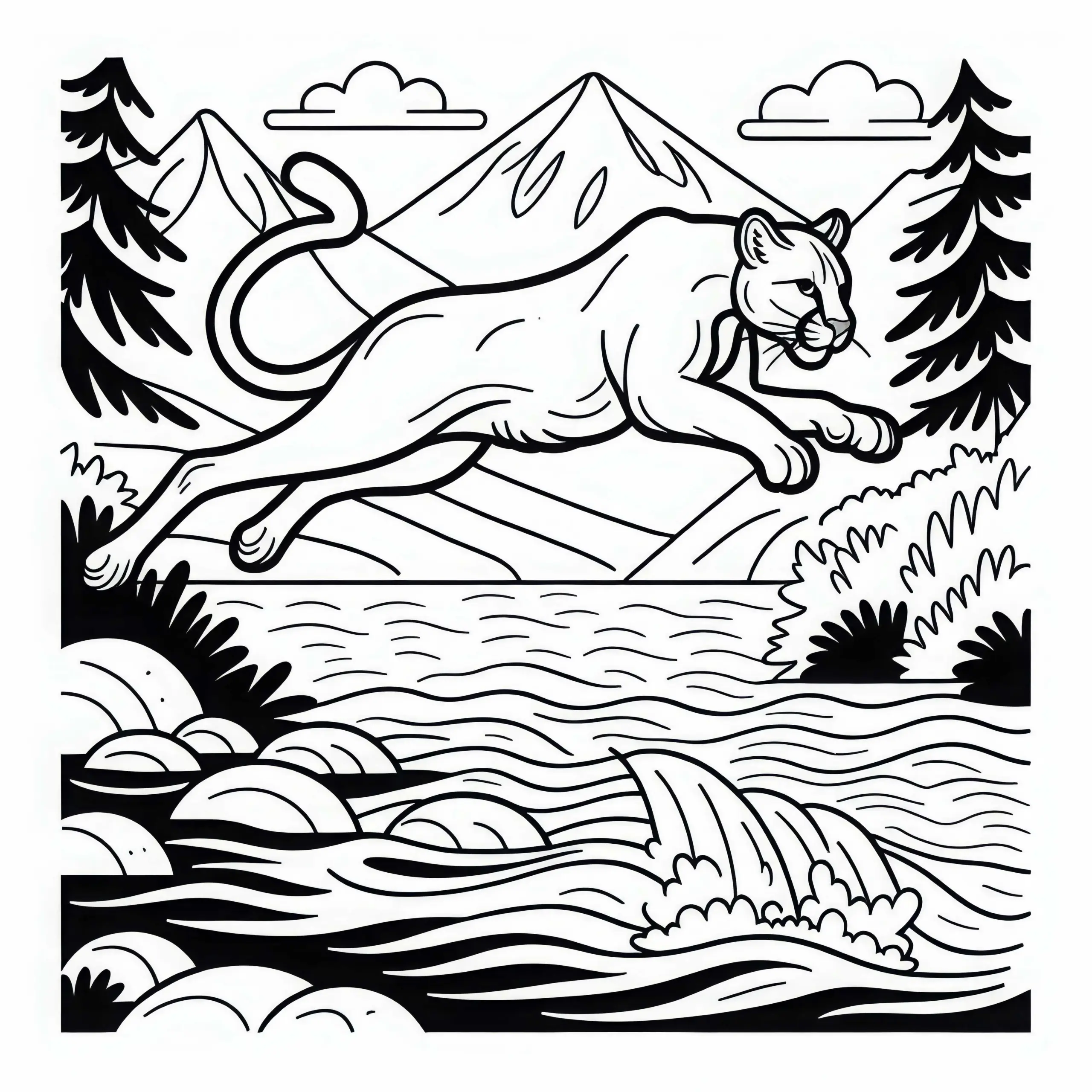 Puma springt kraftvoll über Fluss – Malvorlage einfach gratis (Ausmalbild)