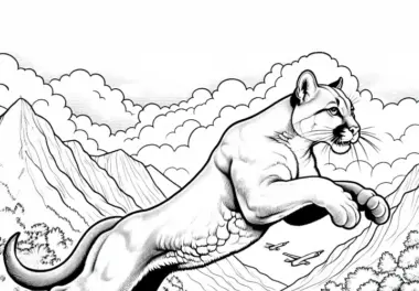 Puma springt kraftvoll über Fluss – Malvorlage gratis