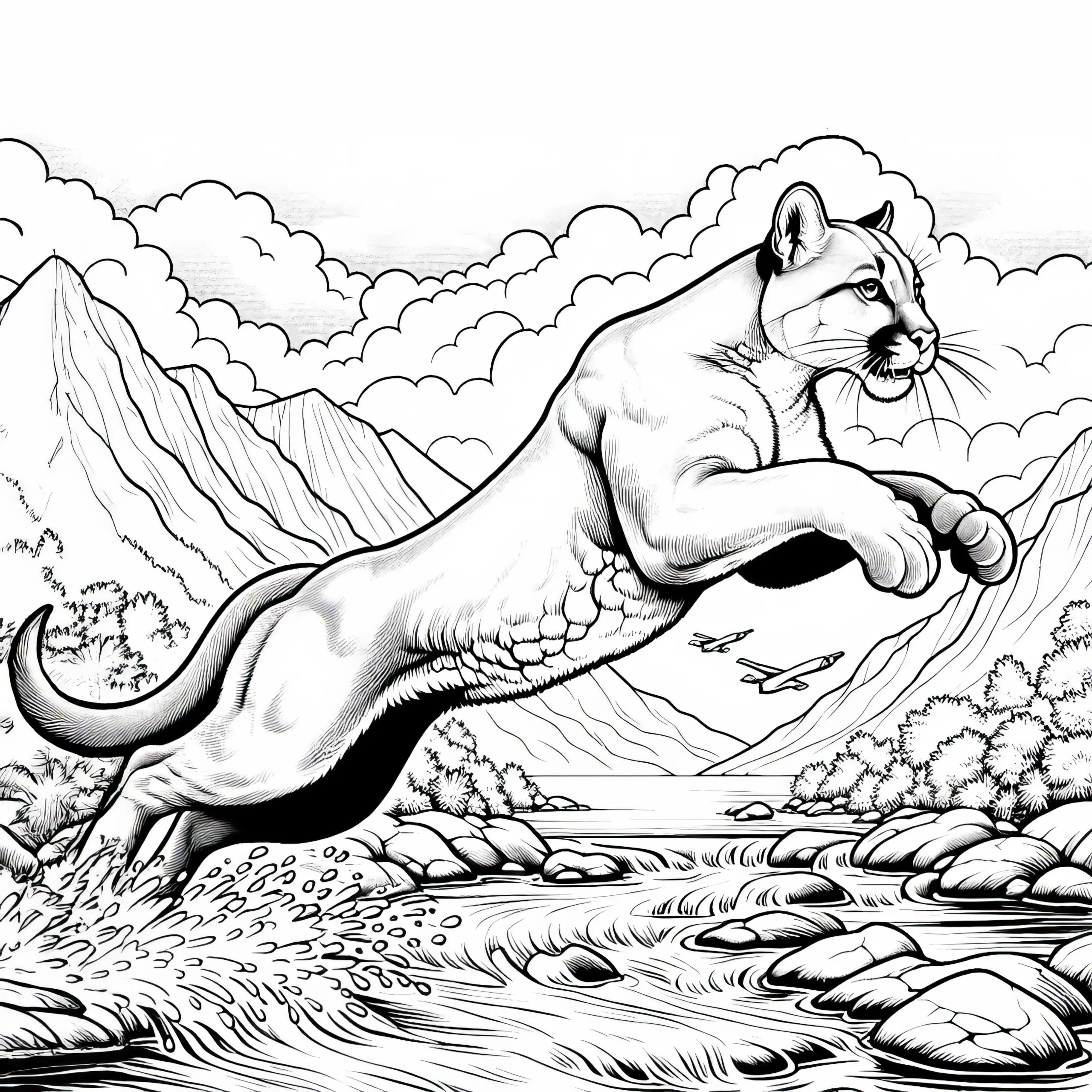 Puma springt kraftvoll über Fluss – Malvorlage gratis (Ausmalbild)