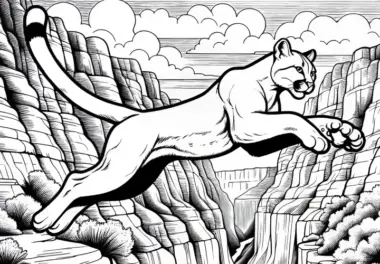 Puma springt über Abgrund in Canyon Landschaft – Ausmalbild kostenlos