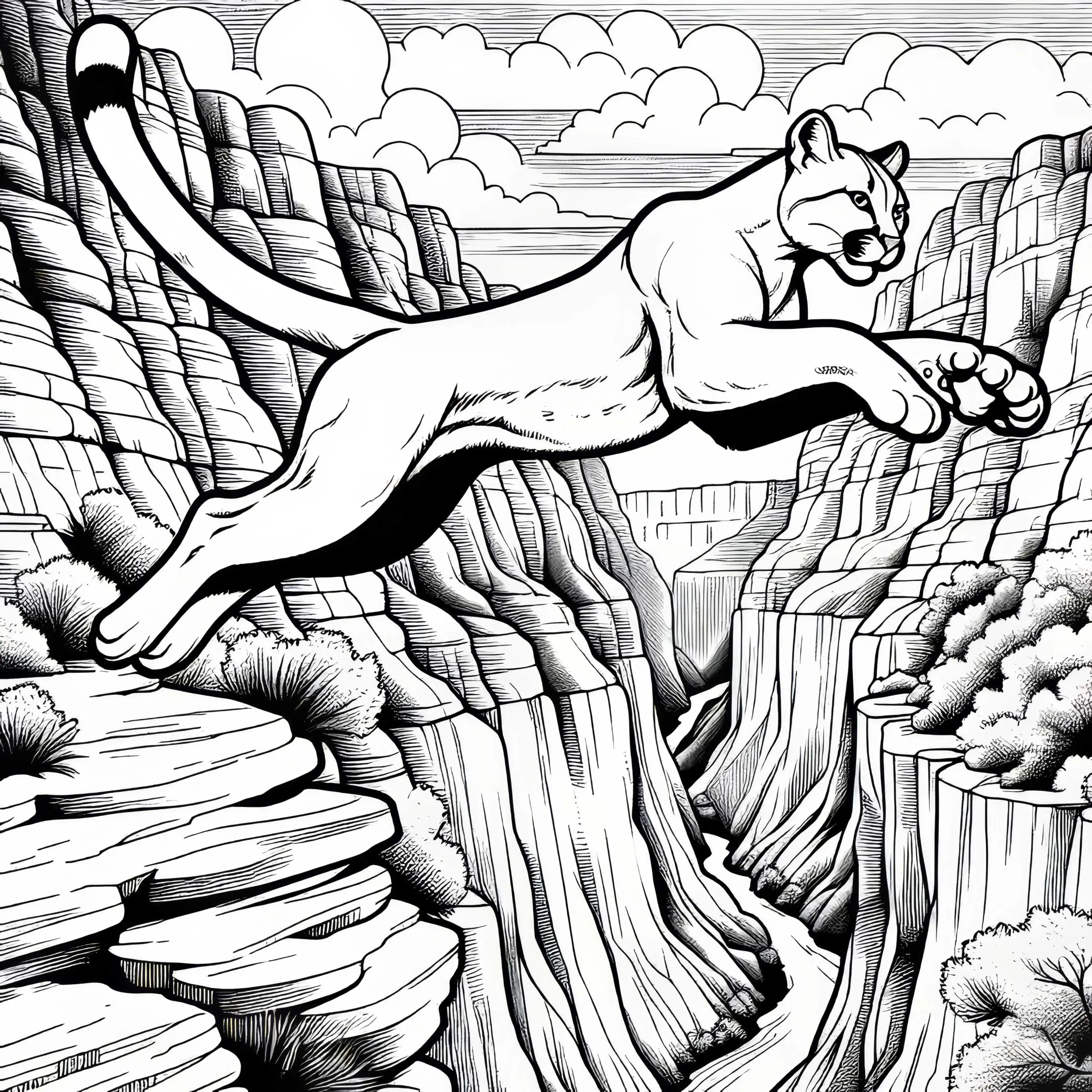 Puma springt über Abgrund in Canyon Landschaft – Ausmalbild kostenlos
