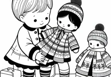 Puppe wird von Kind sorgfältig mit neuer Kleidung angezogen – Ausmalbild kostenlos