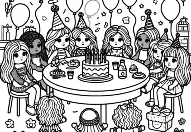 Puppen sitzen gemütlich um kleinen Tisch und feiern Geburtstag – Ausmalbild gratis