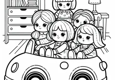 Puppen sitzen im Spielzeugauto auf einer Fahrt durch das Zimmer – Malvorlage gratis