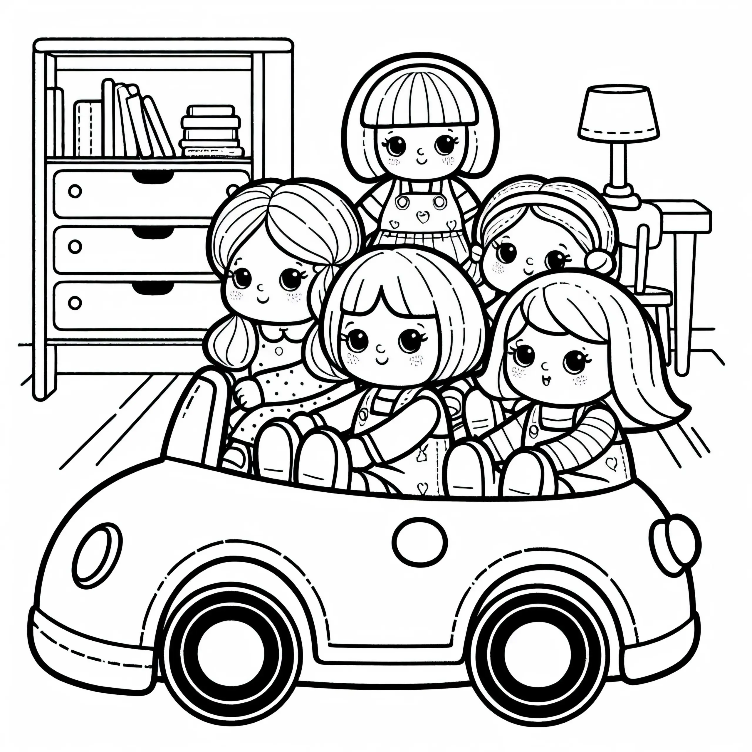 Puppen sitzen im Spielzeugauto auf einer Fahrt durch das Zimmer – Malvorlage gratis (Ausmalbild)