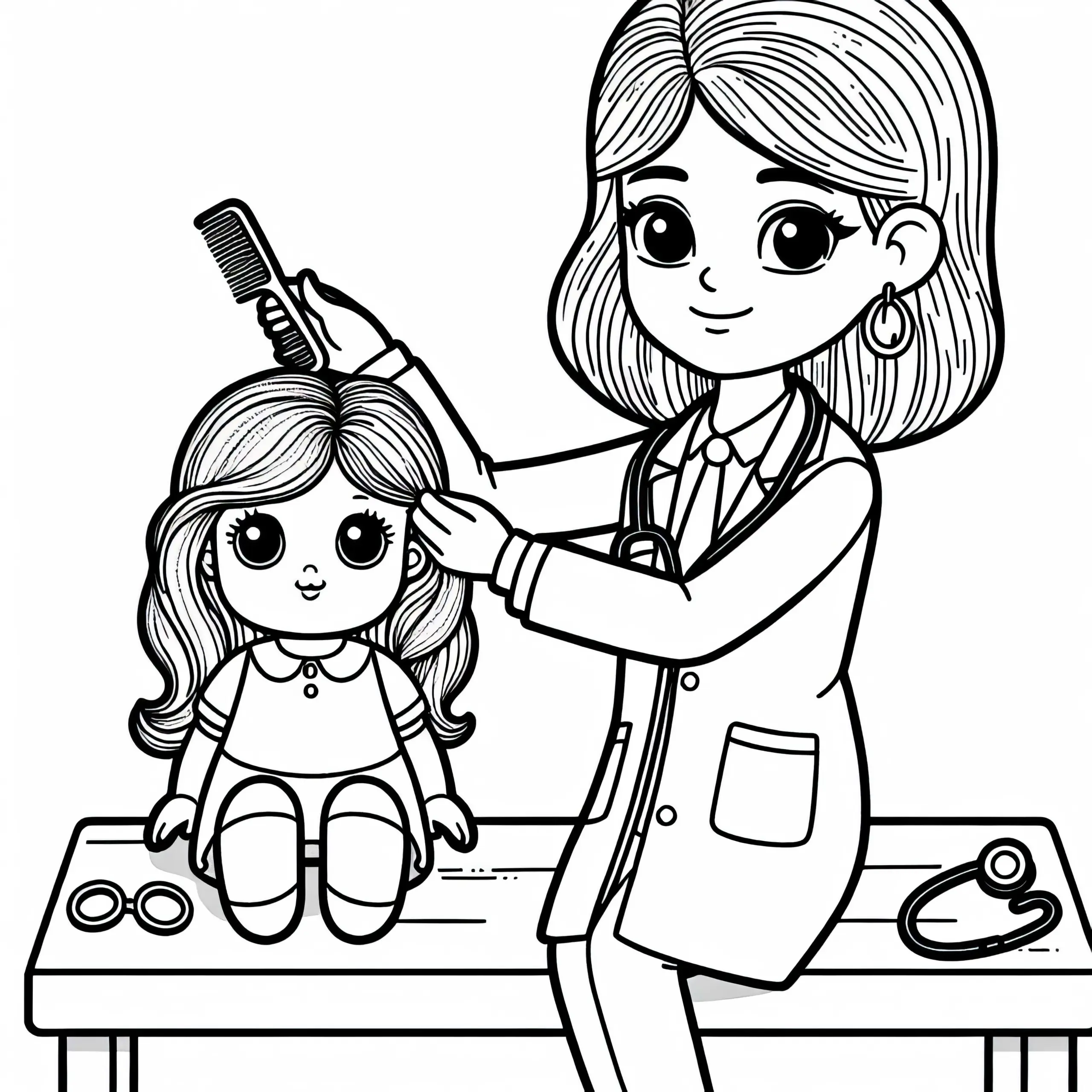 Puppendoktorin ersetzt die Haare einer Puppe – Malvorlage kostenlos (Ausmalbild)