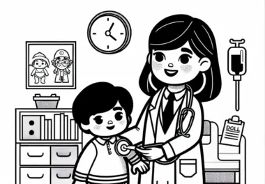 Puppendoktorin führt Kind durch die Puppenklinik – Ausmalbild kostenlos