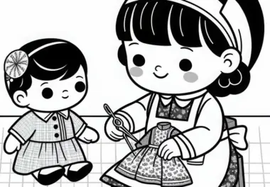 Puppendoktorin näht das Kleid einer Puppe – Ausmalbild kostenlos