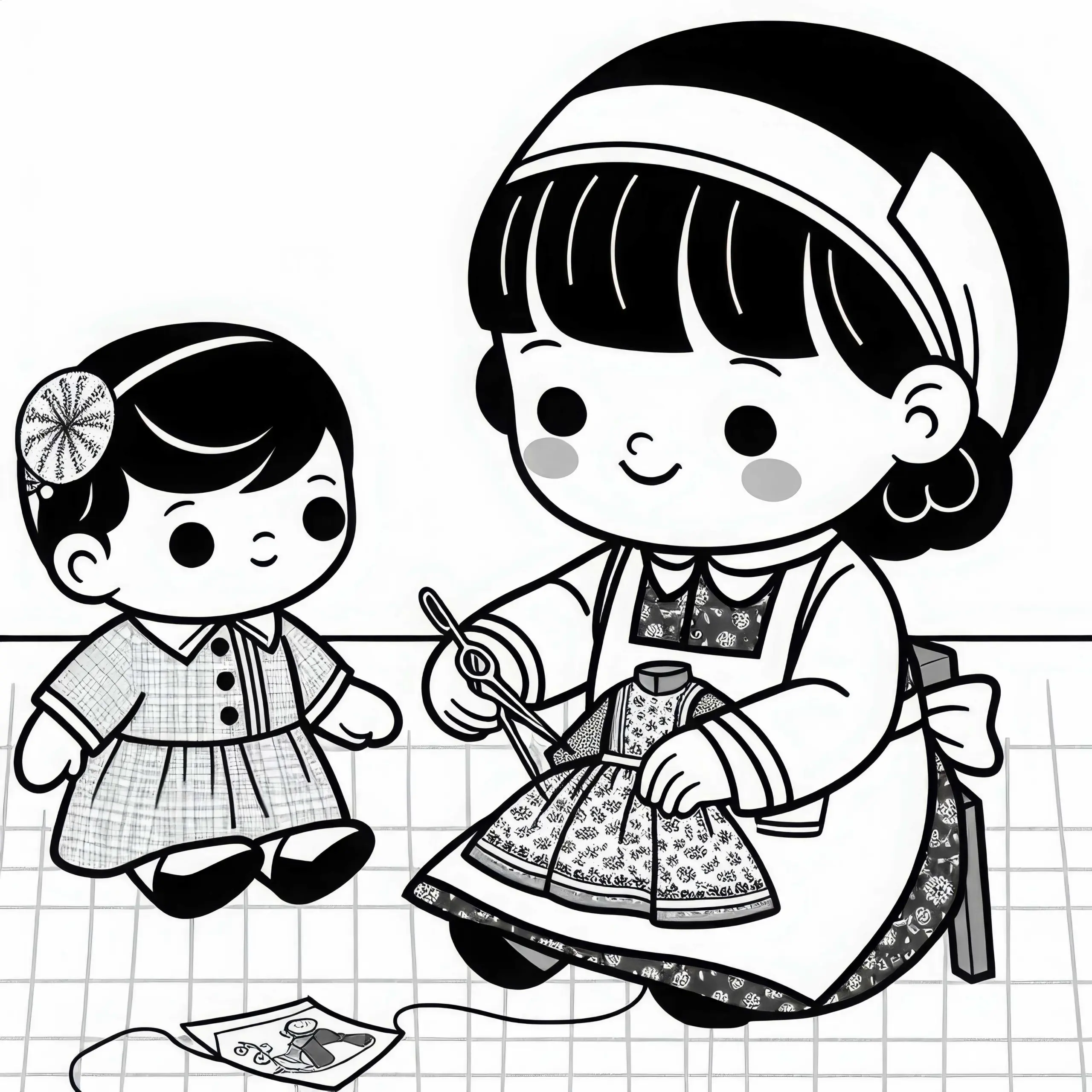 Puppendoktorin näht das Kleid einer Puppe – Ausmalbild kostenlos