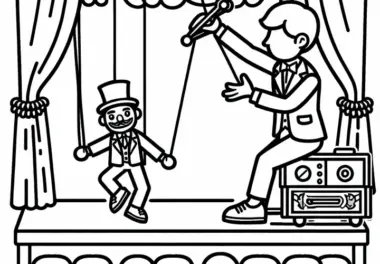 Puppenspieler bewegt Marionette auf Bühne – Ausmalbild einfach gratis