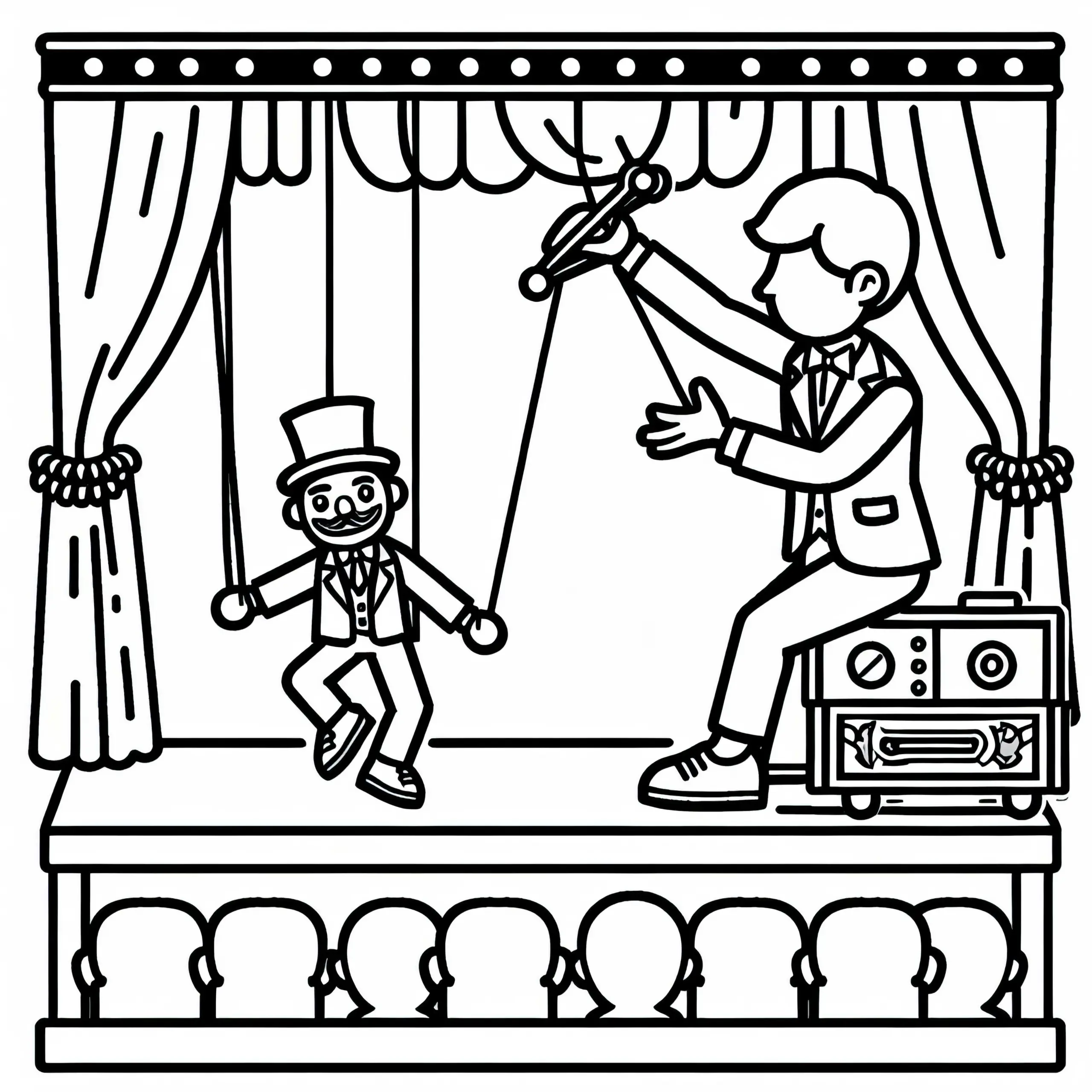 Puppenspieler bewegt Marionette auf Bühne – Ausmalbild einfach gratis