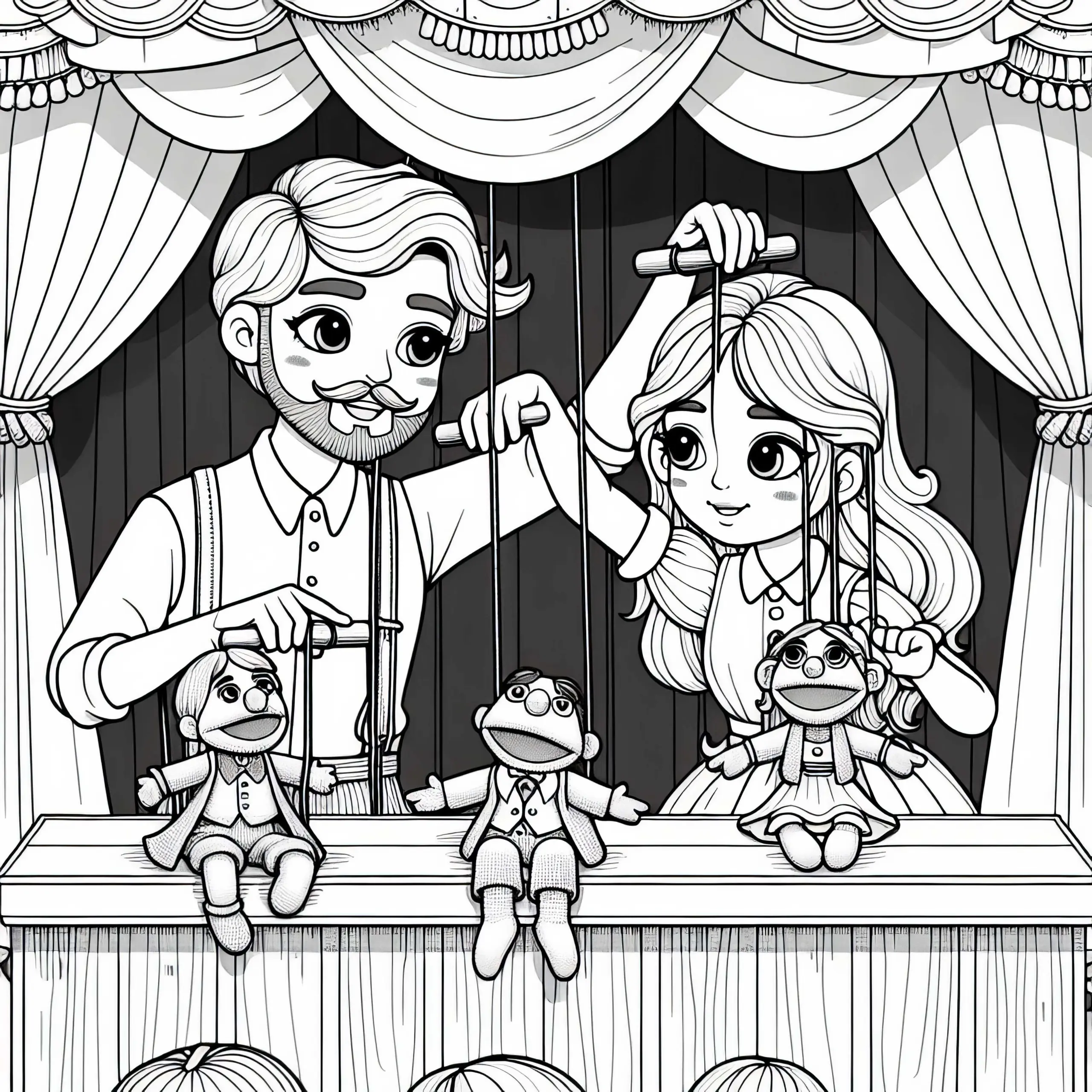 Puppenspieler führen Puppen in einem kleinen Theater – Malvorlage kostenlos (Ausmalbild)