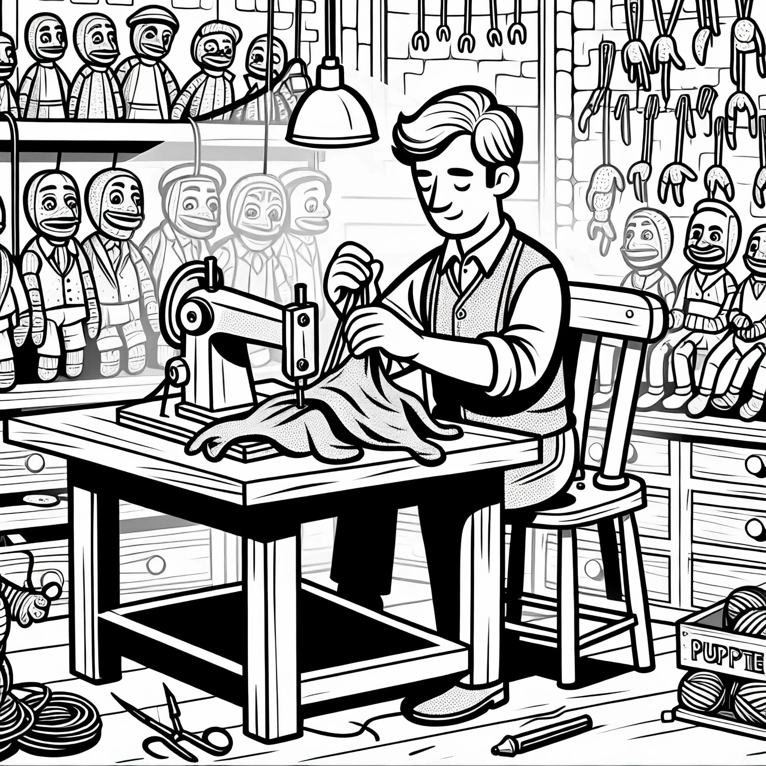 Puppenspieler repariert Puppe in der Werkstatt – Ausmalbild kostenlos
