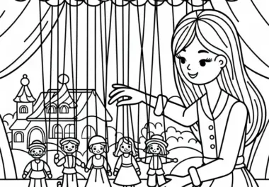 Puppenspielerin arrangiert Puppen: Malvorlage kostenlos