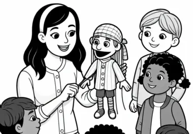 Puppenspielerin erklärt Kindern, wie Puppenspiel funktioniert – Ausmalbild kostenlos