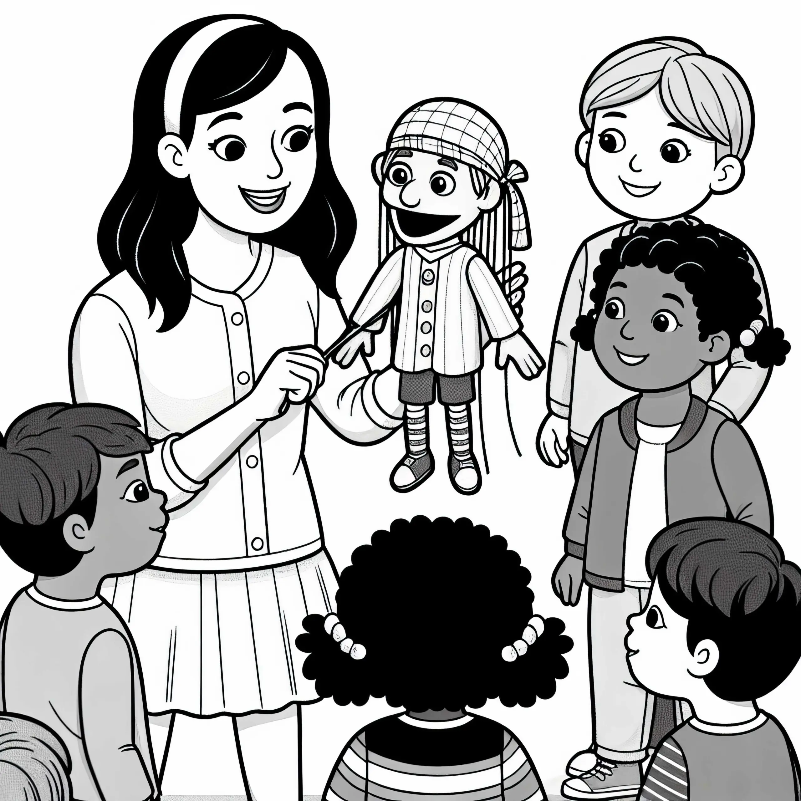 Puppenspielerin erklärt Kindern, wie Puppenspiel funktioniert – Ausmalbild kostenlos