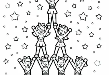 Ausmalbild einer Pyramide aus Cheerleadern – Kostenloses Download-Angebot