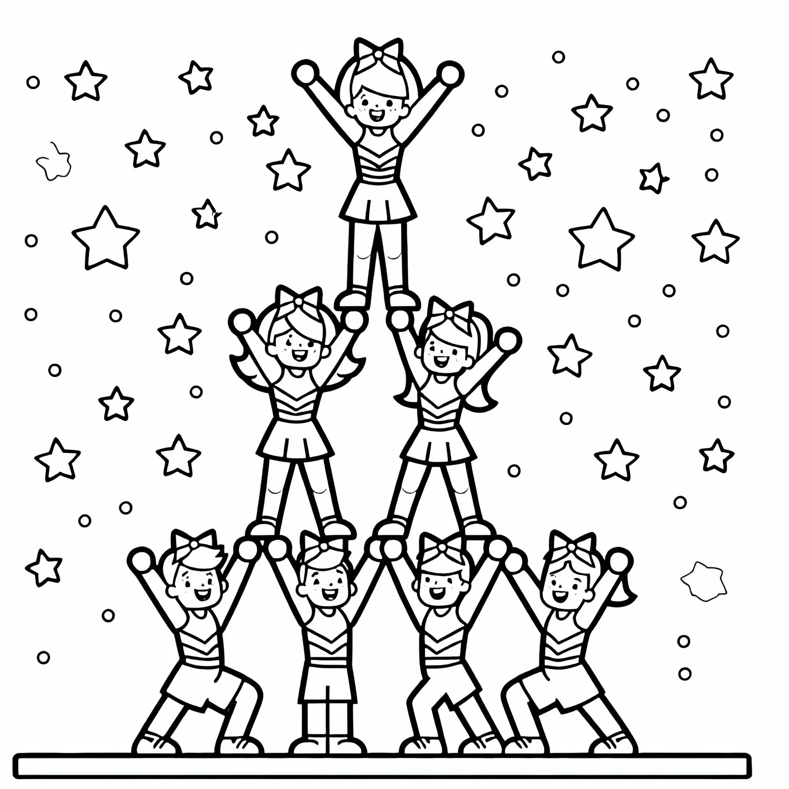 Ausmalbild einer Pyramide aus Cheerleadern – Kostenloses Download-Angebot
