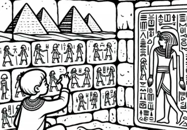 Pyramiden von Gizeh in Ägypten – Kind zeichnet Hieroglyphen an Wand – Malvorlage Weltwunder gratis
