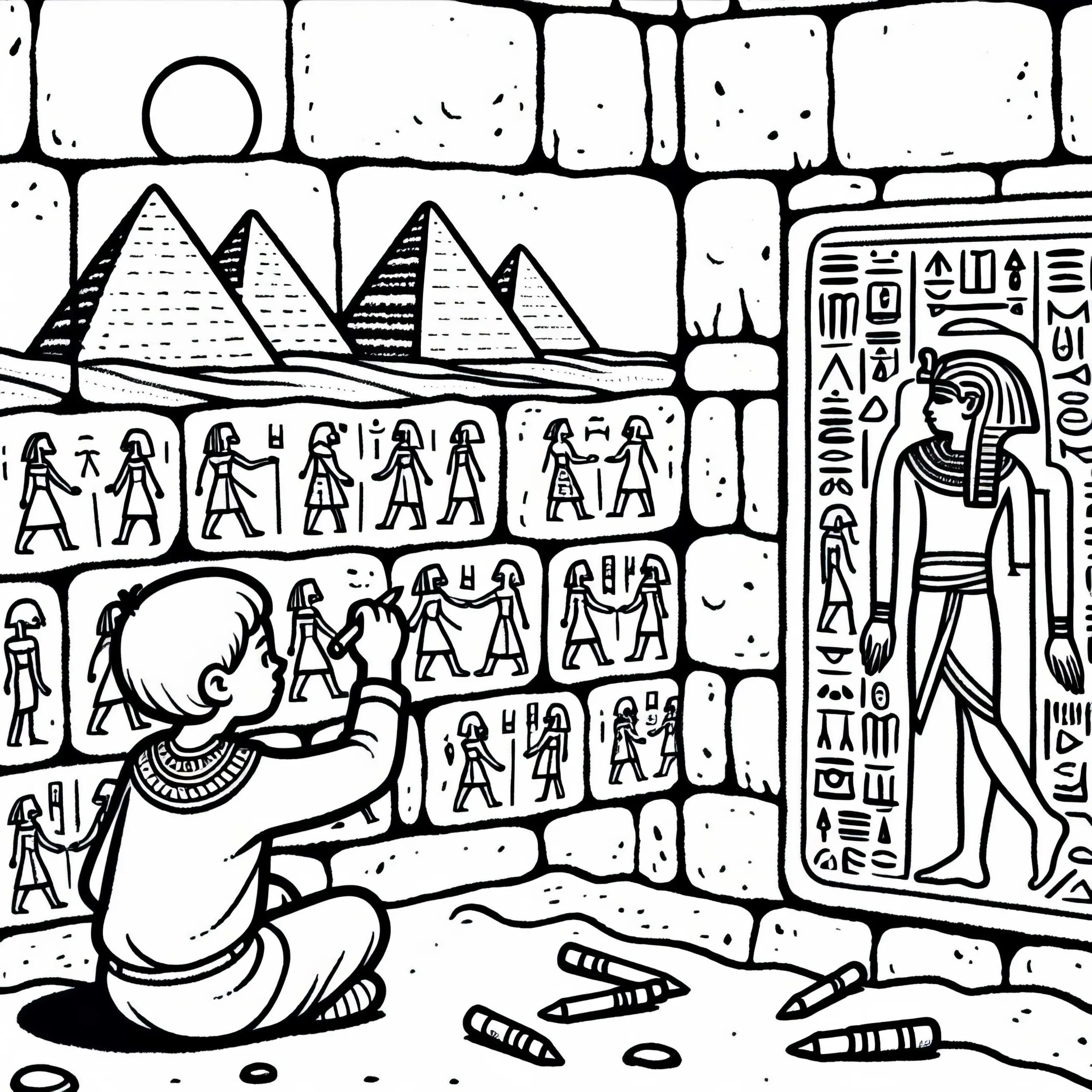 Pyramiden von Gizeh in Ägypten – Kind zeichnet Hieroglyphen an Wand – Malvorlage Weltwunder gratis (Ausmalbild)