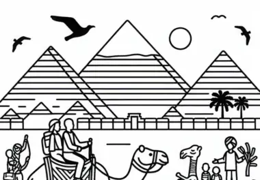 Pyramiden von Gizeh, Ägypten mit Kamel und Touristen – Ausmalbild für Afrika